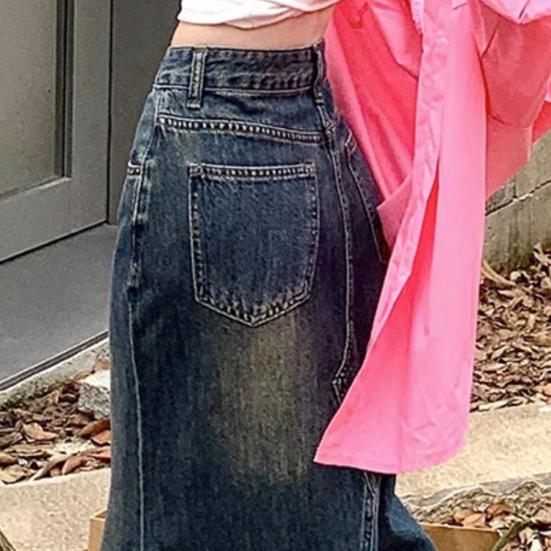 Women Skirt A-line Big Swing Denim Retro Pockets Patchwork Solid Color High Waist Button Zipper Closure Ankle Length Ripped Edge Lady Maxi Skirt