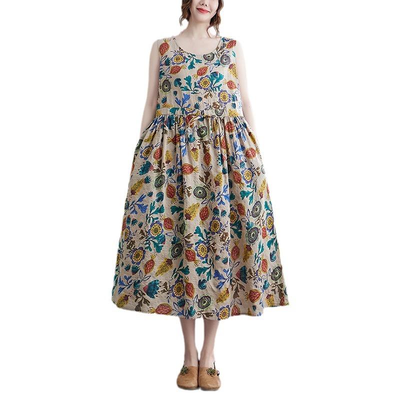 Summer Loose Cotton Linen Printed Round Neck Sleeveless Dress for Women Waist Cinched Mid Length Design Casual Dresses