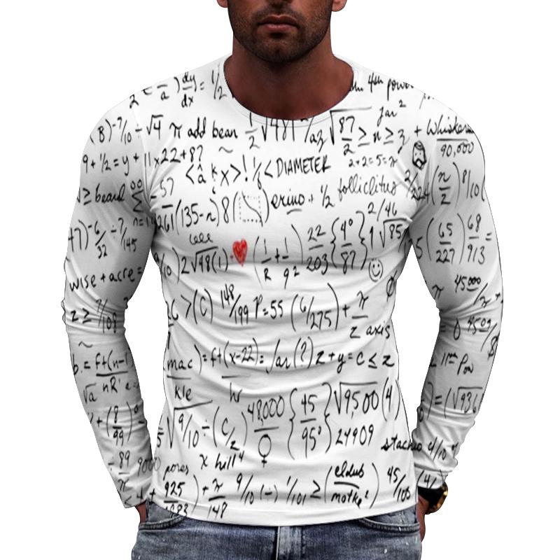 Fun Mathematical Formula Pattern Men's Long Sleeved Casual T-shirts - Soft Medium Stretch Polyester Fabric Spring and Autumn Relaxed Fit Clothing