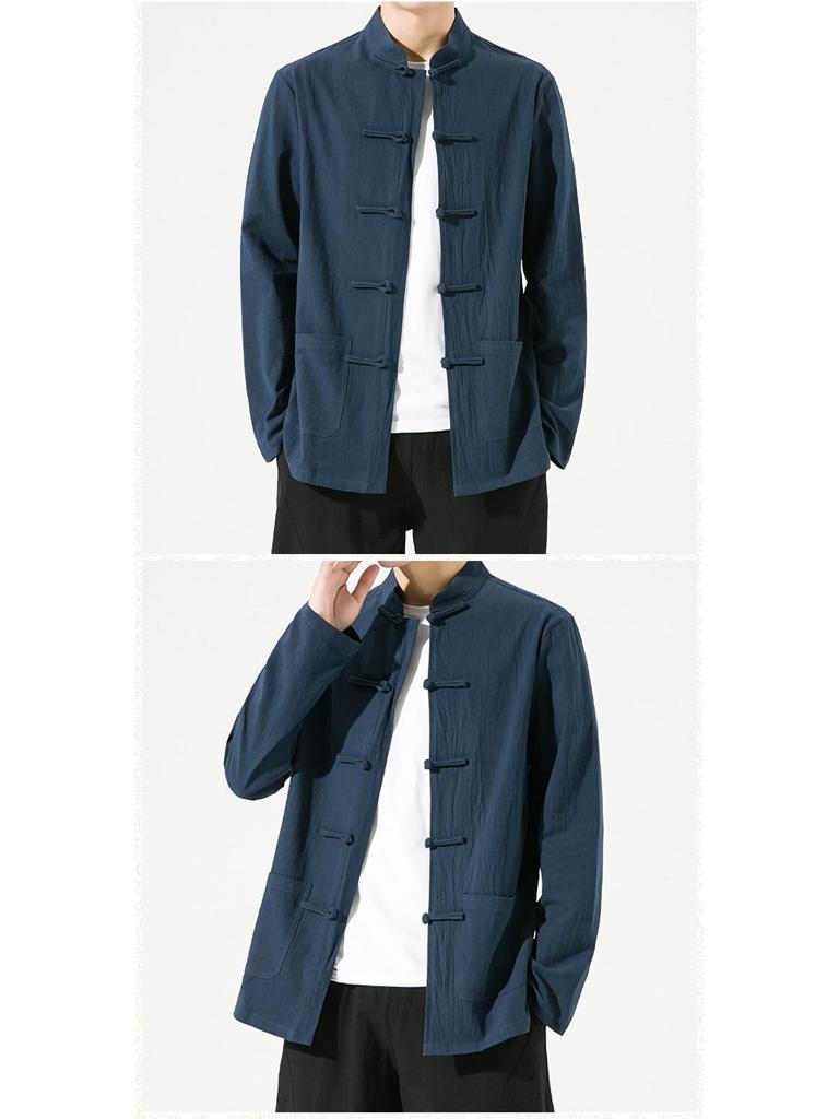 Мужская китайская ретро рубашка Тан с длинным рукавом - Однотонная, свободного стиля костюма для чаепития