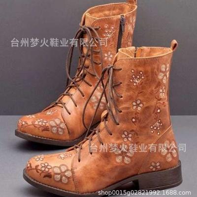 Ретро женские ботинки зима новые круглый носок толстый каблук шнуровка вышитые короткие ботинки женская обувь