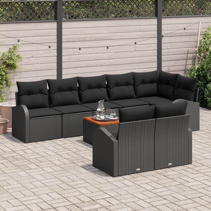 VidaXL Ensemble de canapé jardin 9 pièces avec coussins Noir Poly Rotin Acacia 3347597