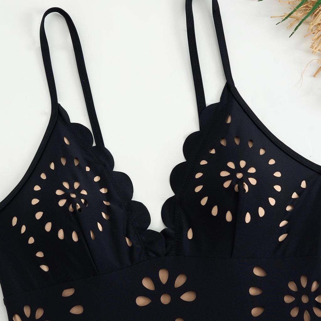 Navy Black Laser Cutting Flower Hollow One Piece Swimsuit and Skirt Women Swimwear Skirt Bathing Suit Girls Summer Beachwear Dress