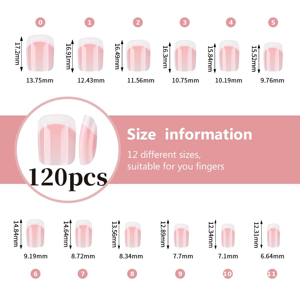 120Pc Pink Short Square Press On Nails Glossy White French False Nails Reusable Full Cover Semi-translucent Pink French Nail Tip