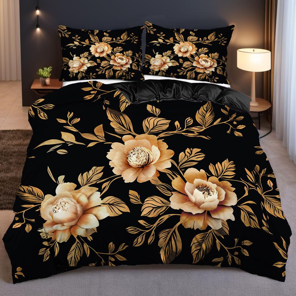 Gold Flower Pattern 3D Printed Quilt Cover Elegant Soft Comfortable Bedding Set Luxury Home Textiles Duvet Cover Set Pillowcases