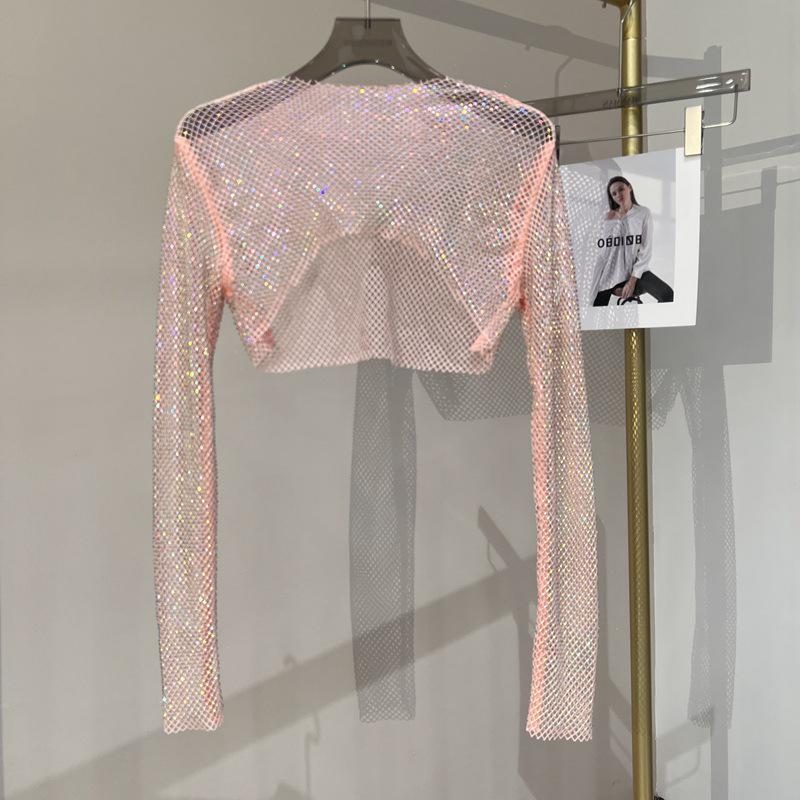 Блестящий сетчатый ромбовидный солнцезащитный топ с длинными рукавами для вечеринки