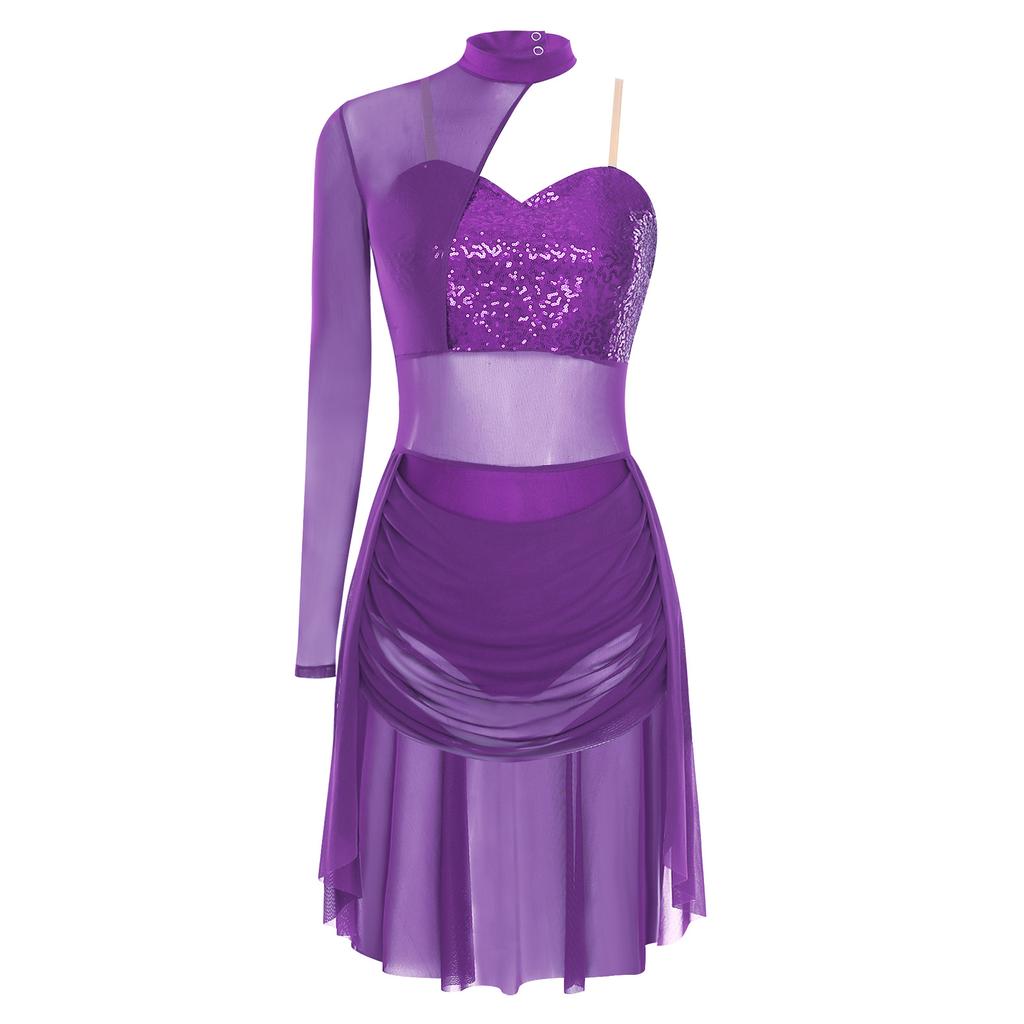 Женский лирический костюм для танца Водолазка Регулируемые бретели-спагетти На одно плечо Один рукав Леотард с пайетками