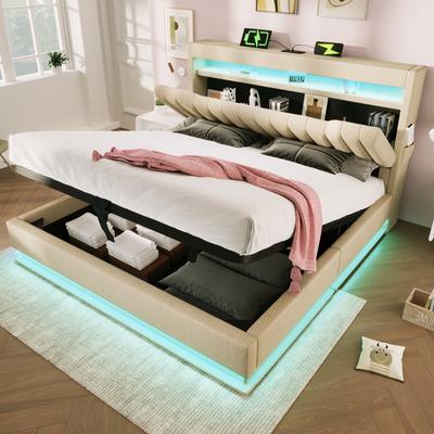 140x200cm Upholstered Double Bed, Storage Headboard, USB, Type-C, LED Lighting At Head and Foot, Hydraulic Storage, Beige, Linen (Without Mattress)