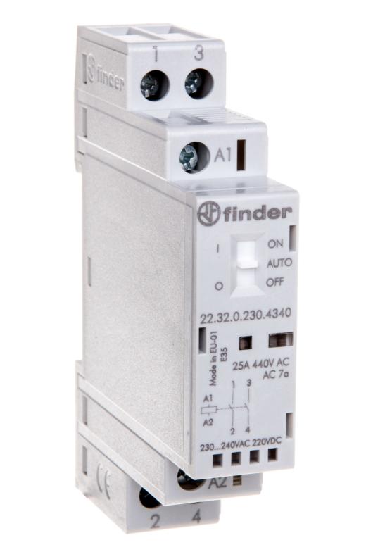 Modular Contactor 2NO 25A 230V AC/DC Auto-On-Off Function, Activation Indicator + Led 17.5mm 22.32.0.230.4340