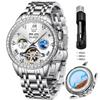 OLEVS Automatic Watch Mechanical Skeleton Diamond Popular Calendar Waterproof Date Luminous Watch for Men Stainless Steel Stylish Brand White Men's
