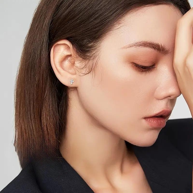 Dainty Cross Stud Earrings for Women Sterling Silver Glossy Versatile Ear Accessories Delicate Daily Party Jewelry