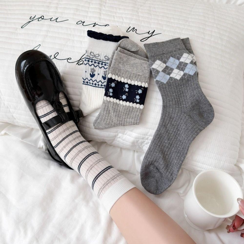 Small Flower Cotton Socks Grey Checkered Boneless Pile Socks New Mid-calf Socks Spring Summer