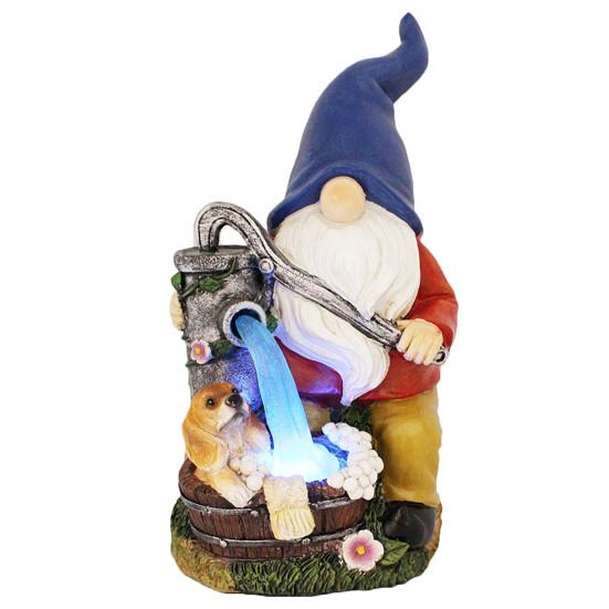 Solar Pumping Gnome Figurine with Light Washing Dog Dwarf Elf Resin Statue Sculpture Outdoor Garden Porch Yard Lawn Decoration Ornament