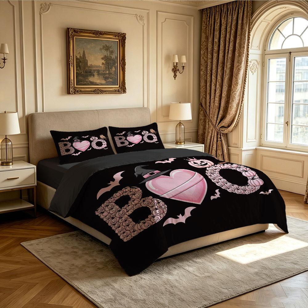 3pcs Halloween pink Halloween BOO-print bedding set, without a filling, made of soft fabric for bedding use