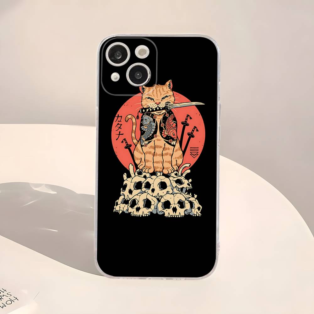 Японский Кот Самурай Рамен Прозрачный Чехол Для Телефона Для IPhone 16 15 14 13 12 11 Pro Max Plus Мягкий Чехол