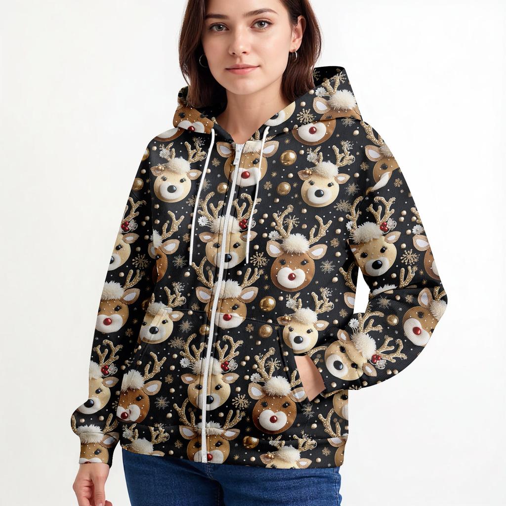 Женская повседневная модная вязаная толстовка с длинными рукавами и застежкой-молнией, с рождественским принтом