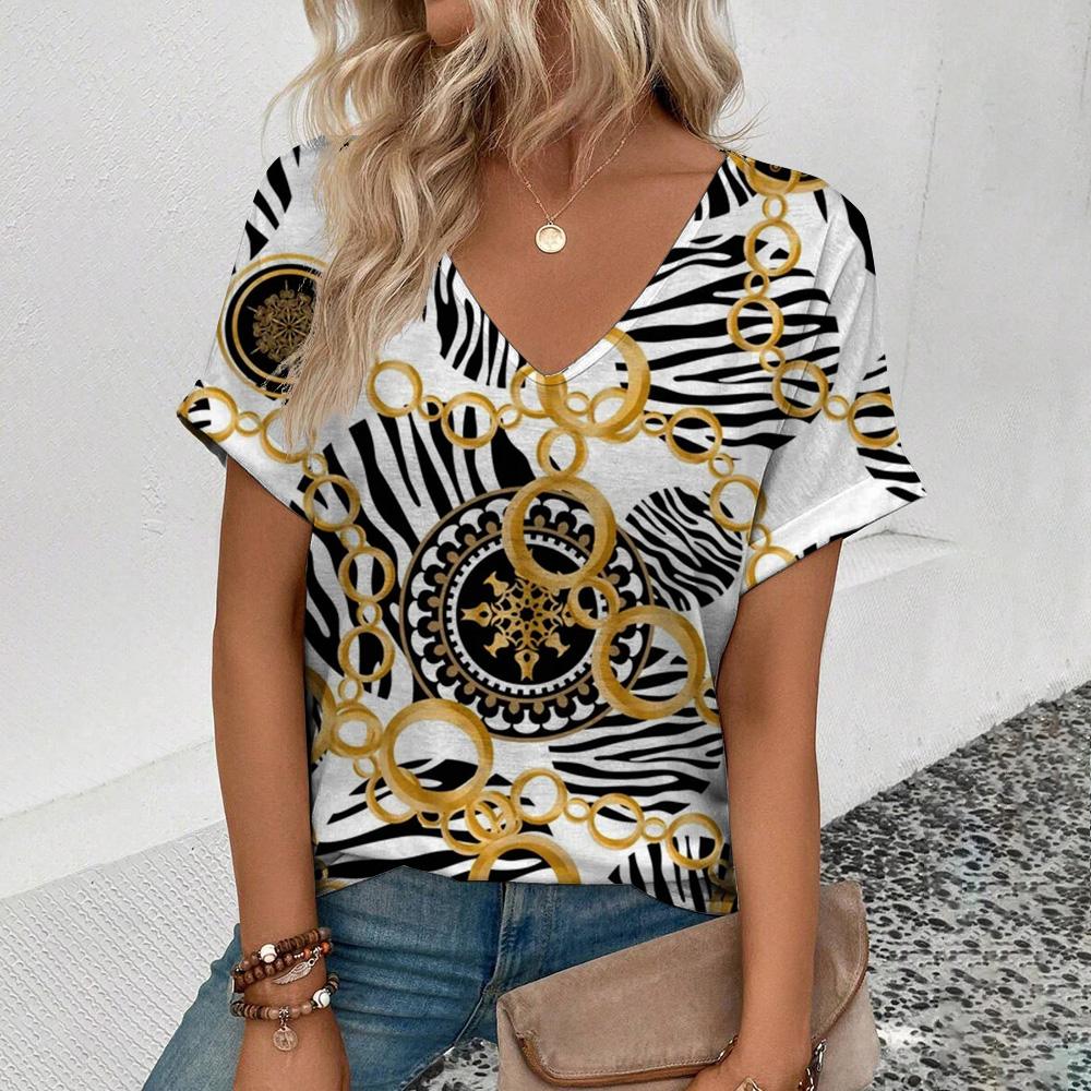 Женская футболка высокого качества с v-образным вырезом в стиле ретро, ​​футболка с золотым ожерельем и узором, модная футболка с принтом, женская футболка с короткими рукавами