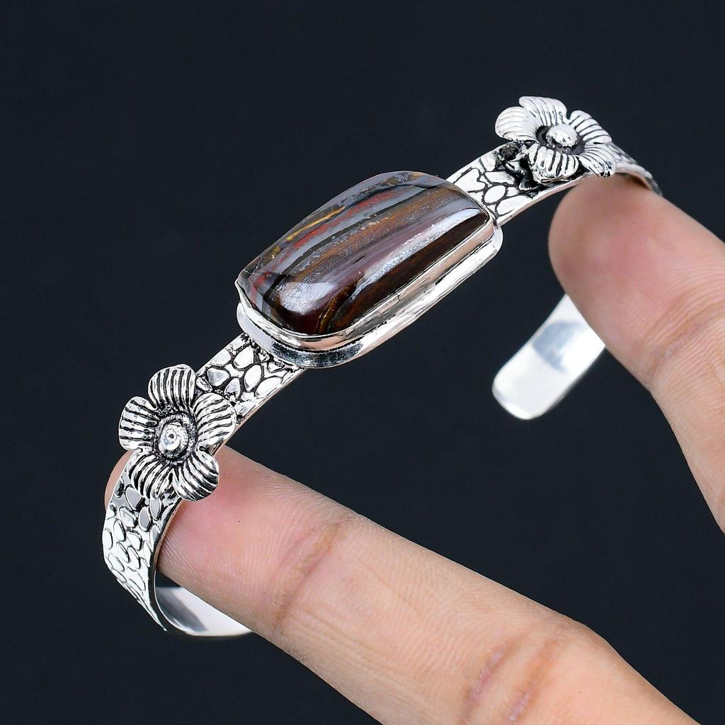 Natural Iron Tiger Eye Gemstone Bangle Flower Adjustable 925 Silver For Girls