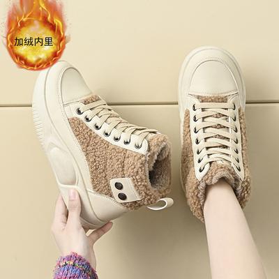 Бархатные высокие кеды для женщин, зима 2025, новая студенческая модель, теплая повседневная обувь на хлопковой подкладке, увеличивающая рост, корейская версия Q251