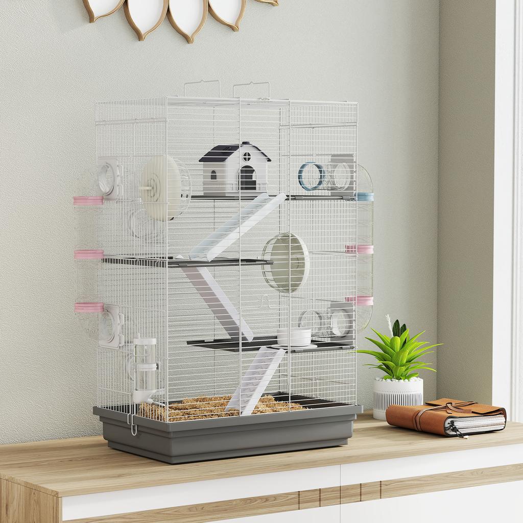 Hamster Cage, Tunnel, Platforms, Bowl, Water Bottle, House, Ramps, Wheel, 47 x 30 x 70 cm, Grey