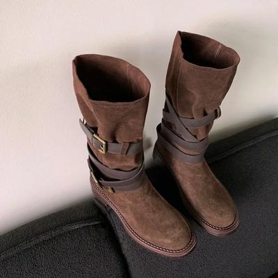 Современные ботинки на квадратном каблуке до середины икры, с закругленным носком, 2024 г., высококачественная женская обувь, женские ботинки на среднем каблуке с пряжкой