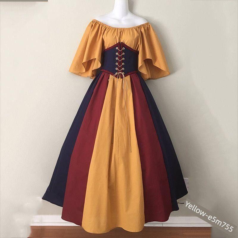 European and American Style Off-Shoulder Dress for Women, Medieval Retro Color-Blocking with Flutter Sleeves, Tie-Waist, and Large Hem Skirt