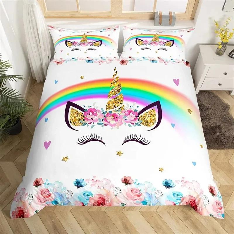 Cartoon Unicorn Duvet Cover Twin King Smiling Eyelash Rainbow Bedding Set For Kids Girls Microfiber Magical Animal Quilt Cover