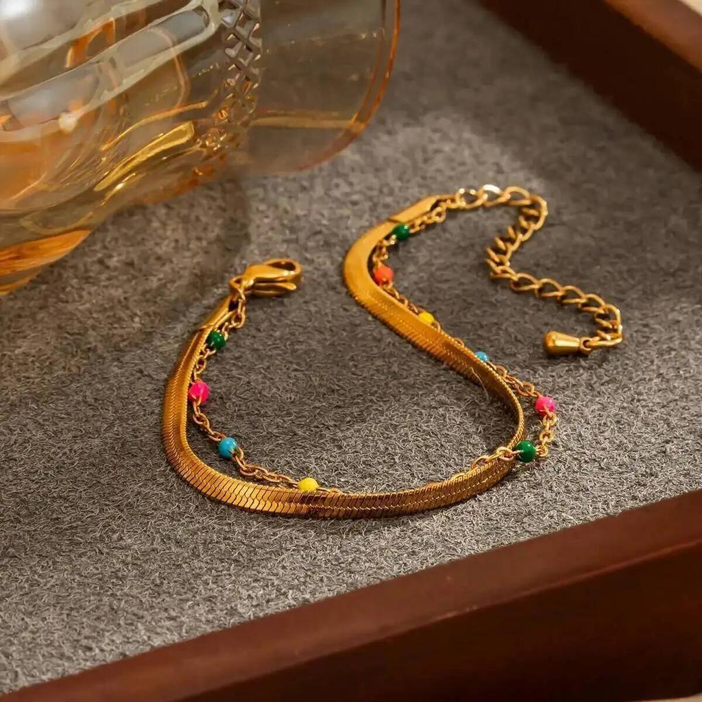 Salircon 2026 Boho Gold Color Stainless Steel Snake Chain Bracelet Trendy Stackable Colorful Beaded Bangle Waterproof Jewelry