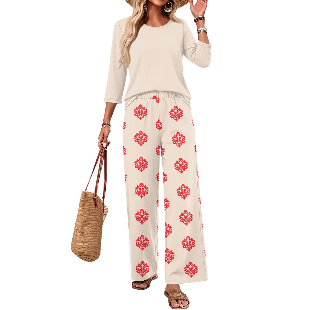 Women's Casual Two Piece Set Round Neck Loose Fit Top with Three Quarter Sleeves and Wide Leg Printed Pants Lounge Wear Set