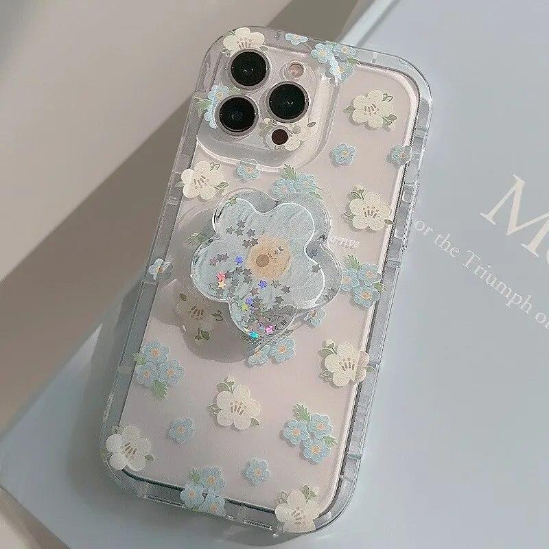 Прозрачный силиконовый чехол для телефона с милым цветком для iPhone 15 14 13 12 11 Pro Max, мягкий противоударный чехол-бампер с цветочным принтом и держателем