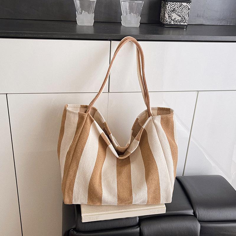 Женская полосатая сумка через плечо Простая сумка для переноски Большая вместимость Стильная плечевая сумка Повседневная сумка для покупок Холщовая сумка для поездок на работу