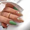 24pcs Nail Tips Fake Nials Press On Nails Long Almond French Green Flowers False Nails