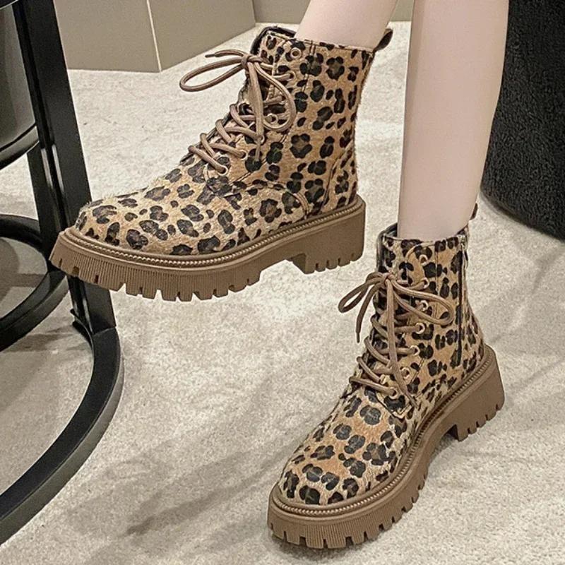 Shoes for Wome New Lace Up Zipper Women Boots Round Toe Mixed Colors Leopard Print Platform Water Proof Fashion Boots