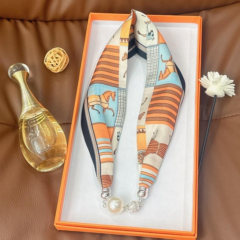 Silk Scarf Women's Spring, Autumn and Summer New Fashion Neck Protection Decoration Long Necklace Type Magnetic Buckle Scarf Small Scarf