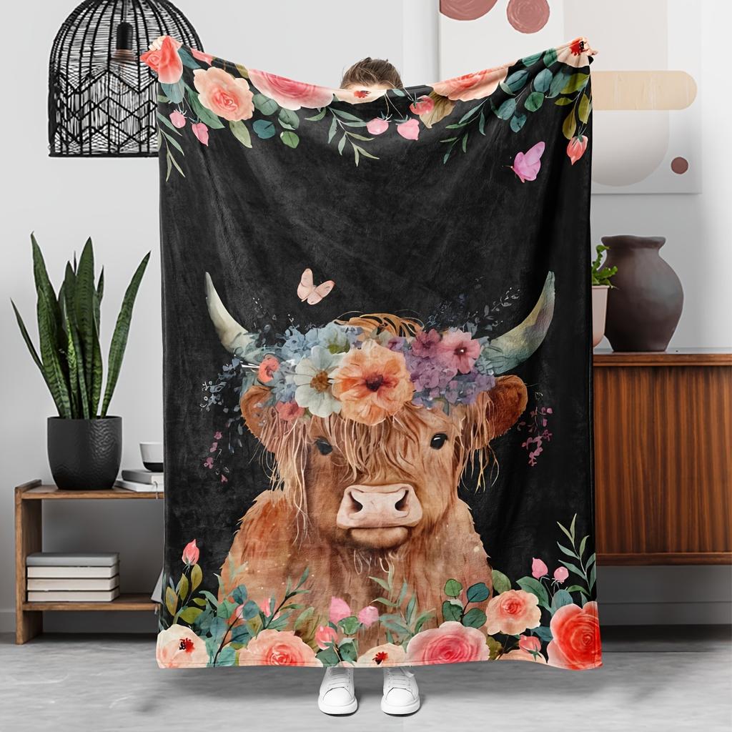 Highland Cow Pattern Flannel printed blanket suitable for all seasons suitable for living room office sofa and travel 180x250CM