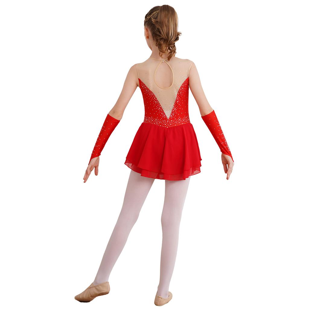 Girls Figure Skating Dress Sleeveless Glittering Rhinestone Keyhole Back with Gloves