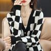 Свитер с v-образным вырезом, клетчатый кардиган, женский 2023, осенне-зимний повседневный свободный свитер с длинными рукавами, уникальный вязаный свитер, женский кардиган
