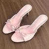 Нежные розовые туфли на высоком каблуке с бантом, женская верхняя одежда, летний новый темперамент, красивые французские босоножки, туфли на среднем каблуке