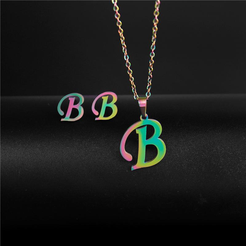RUI RUI YU 26 Letter Colorful Stainless Steel Jewelry Sets for Women Men Alphabet Initial Chain Pendant Necklace Earrings Kids Gift
