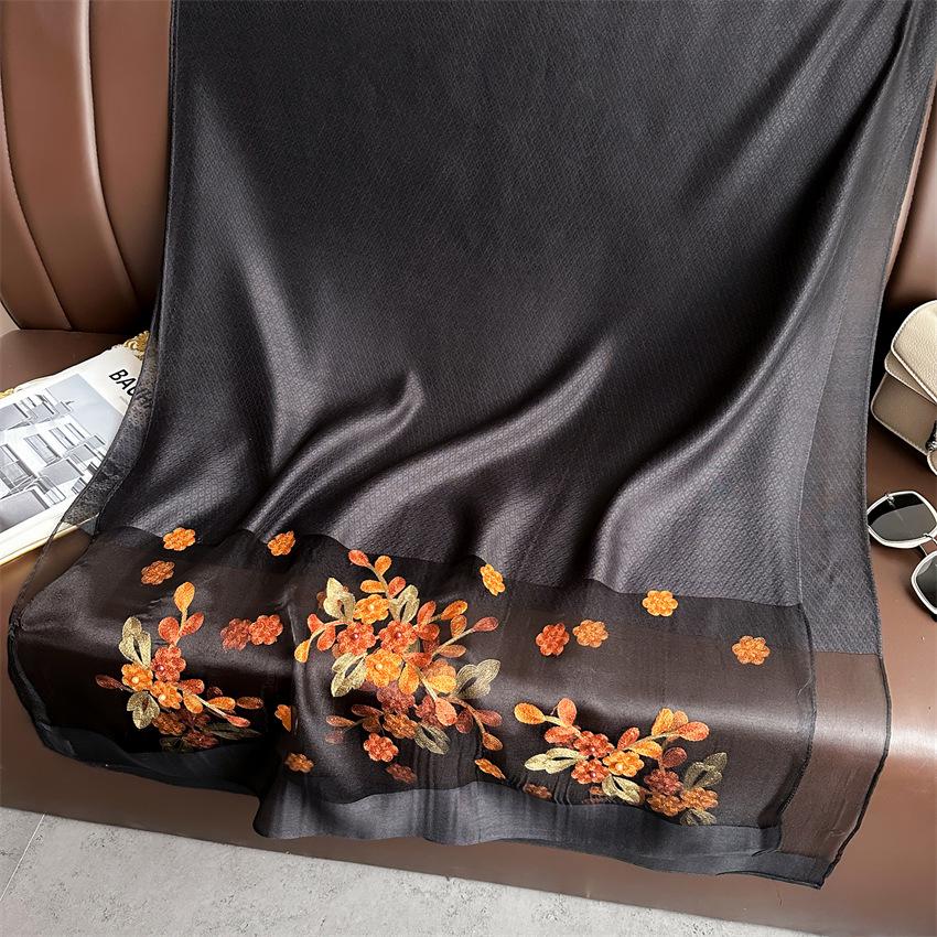 Elegant Silk Wool Embroidered Crabapple Flower Scarf - Double Layer, Thin, Large Shawl, Solid Color, All-Season Accessory.