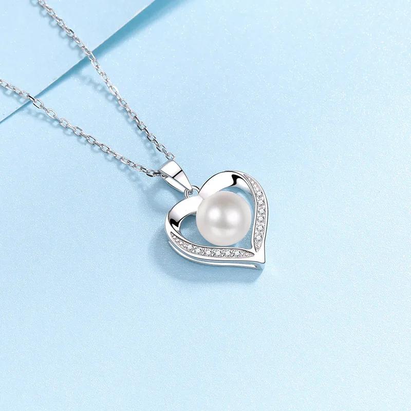 Girl Adult's Day White Gold 18K Necklaces 0.96CT Moissanite Diamond 9mm Pearl Heart Pendant Women Platinum Birthday Gift