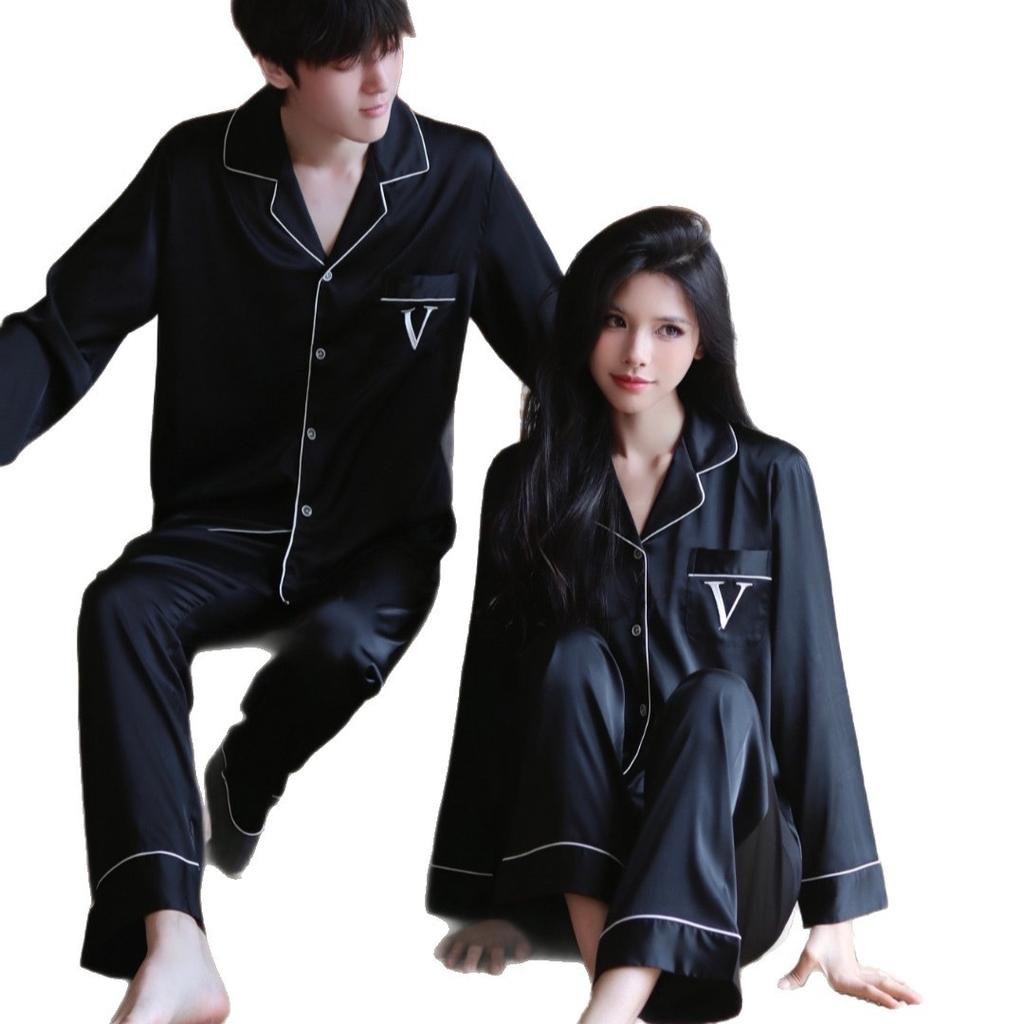 Women's ice silk long-sleeved pajamas set cream lapel V embroidery light luxury high-end sense can be worn outside loungewear