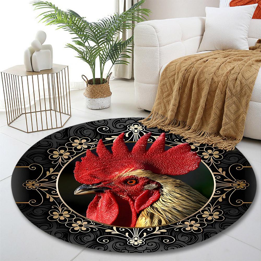 Elegant Rooster with Ornate Design Print round rug, living room, bedroom, playroom carpet, non slip floor mat, gift