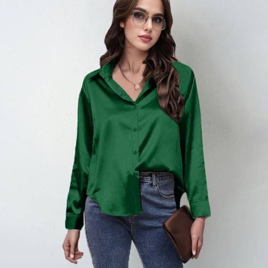Женская рубашка с лацканами, длинным рукавом, из гладкого атласа, топы, однотонная, свободного кроя, повседневная рубашка, рубашка офисной леди, для повседневной носки