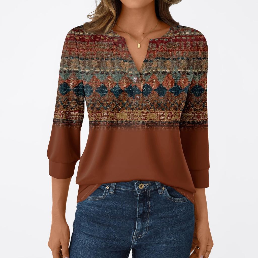 Женская модная повседневная футболка с рукавом 3/4, с принтами, V-образным вырезом и пуговицами