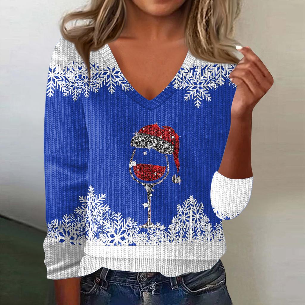 Women's Cute Sweatshirt Knitted Fashion Casual V-neck Long-sleeved Cozy Print Top