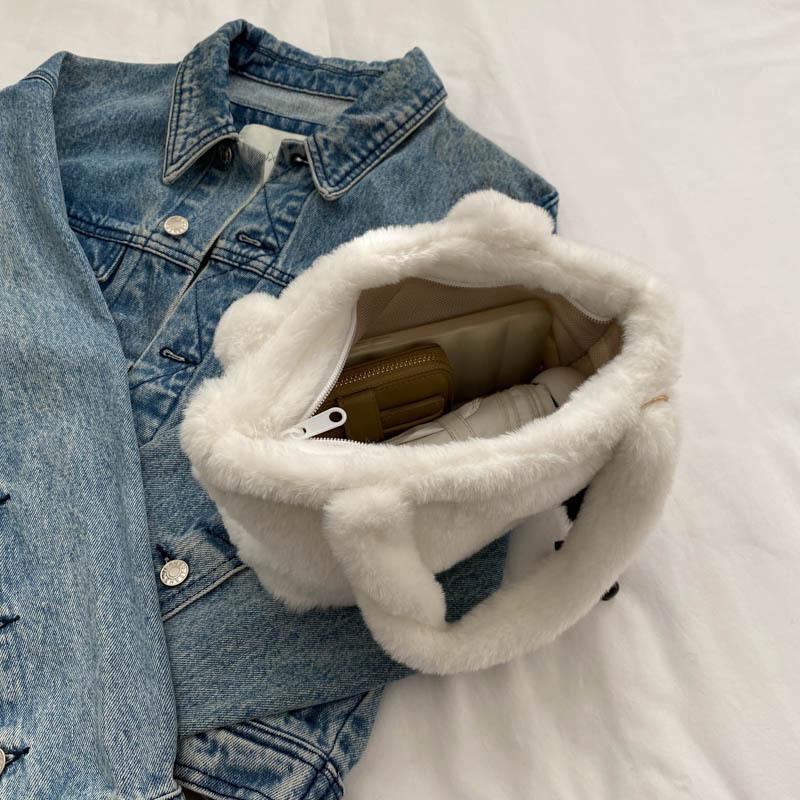 Искусственный плюшевый милый мешок-ведро Осень Зима Мягкая пушистая сумка с верхней ручкой Женская маленькая сумка-тоут Дамская повседневная сумка через плечо CLE