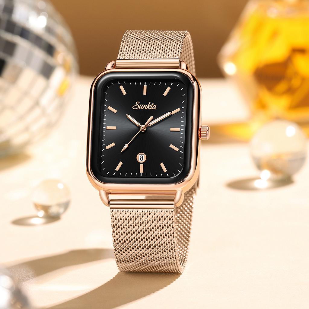 SUNKTA New Ladies Watch Square Women's Wristwatch Quartz Calendar Elegant Casual Fashion Retro Watch Women Relogio Feminino+BOX