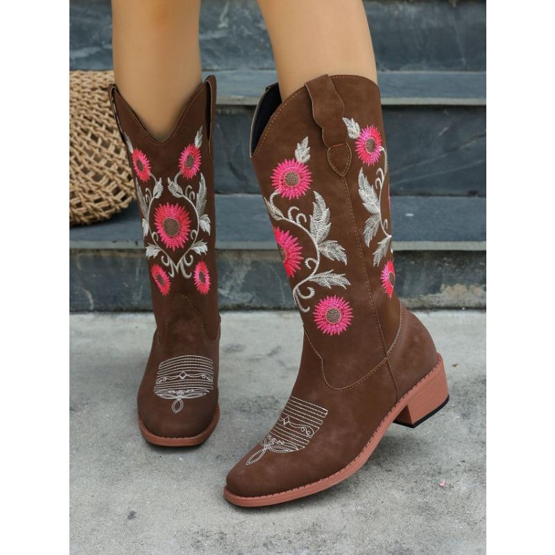 Большой размер Низкий каблук Рыцарские ботинки Осень и зима Новые Вышитые Круглый носок Полусапоги Толстый каблук Ботинки Мартин Женские