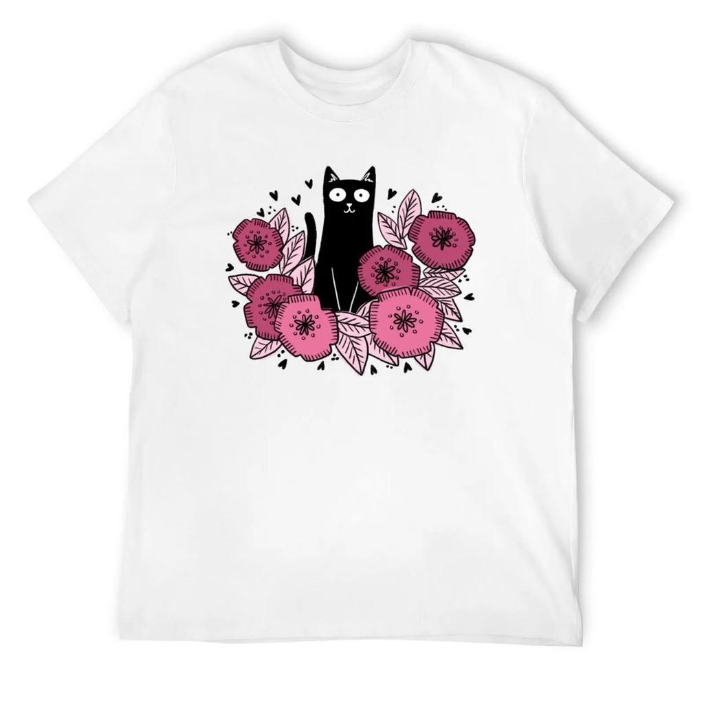 Футболка с изображением кота и цветка, графическая футболка, винтажная футболка для мальчиков с принтом животных, аниме-фигурки, мужская одежда больших размеров
